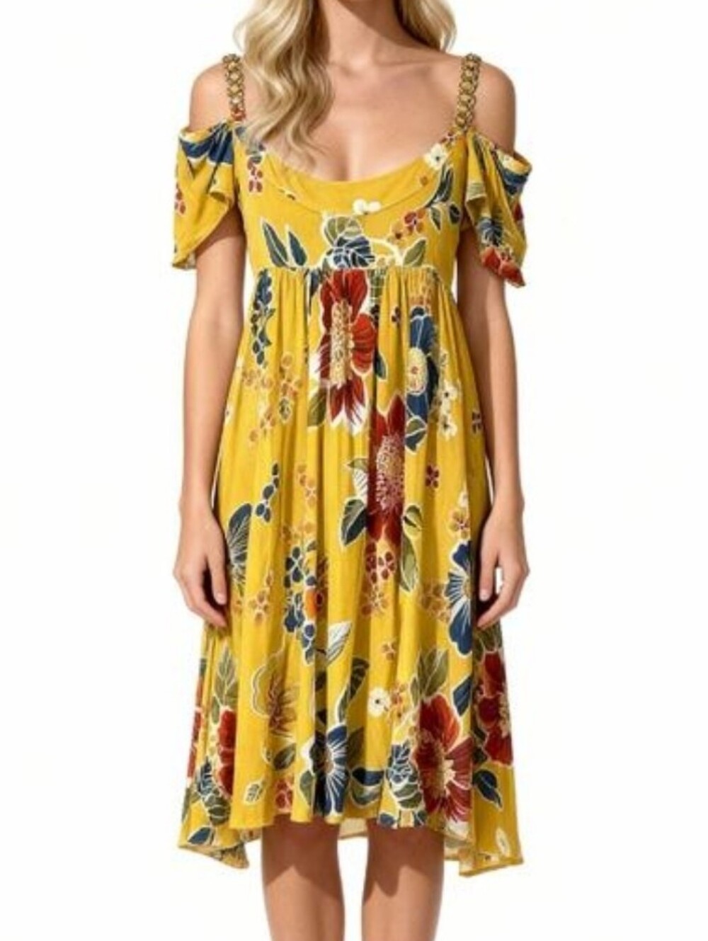 Dolce & Gabbana Vintage Yellow Floral Cold Shoulder Imperial Dress 42 US 6- S-M